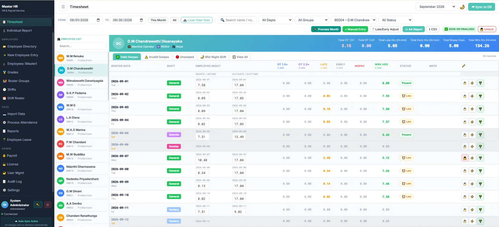 Master HR HRIS timesheet screen