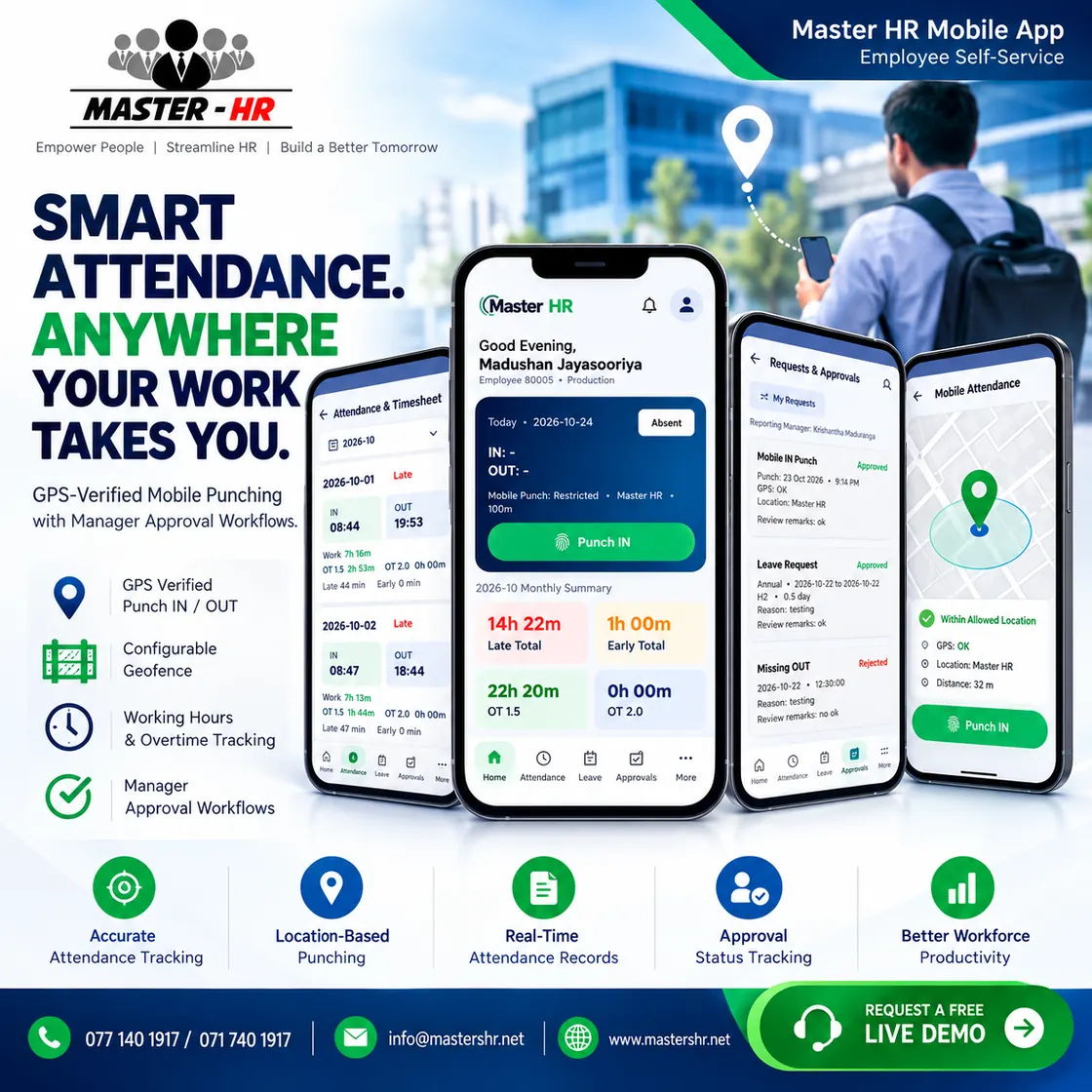 Promotional image of Master HR GPS mobile attendance app with punch and geofencing screens