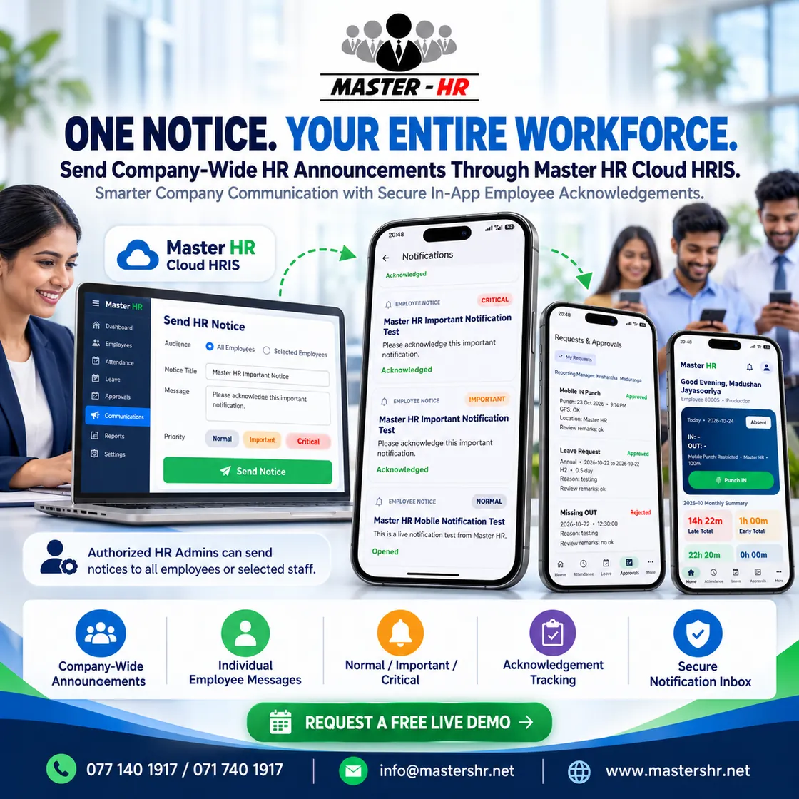 Master HR HRIS Send HR Notice admin screen alongside employee in-app notification examples