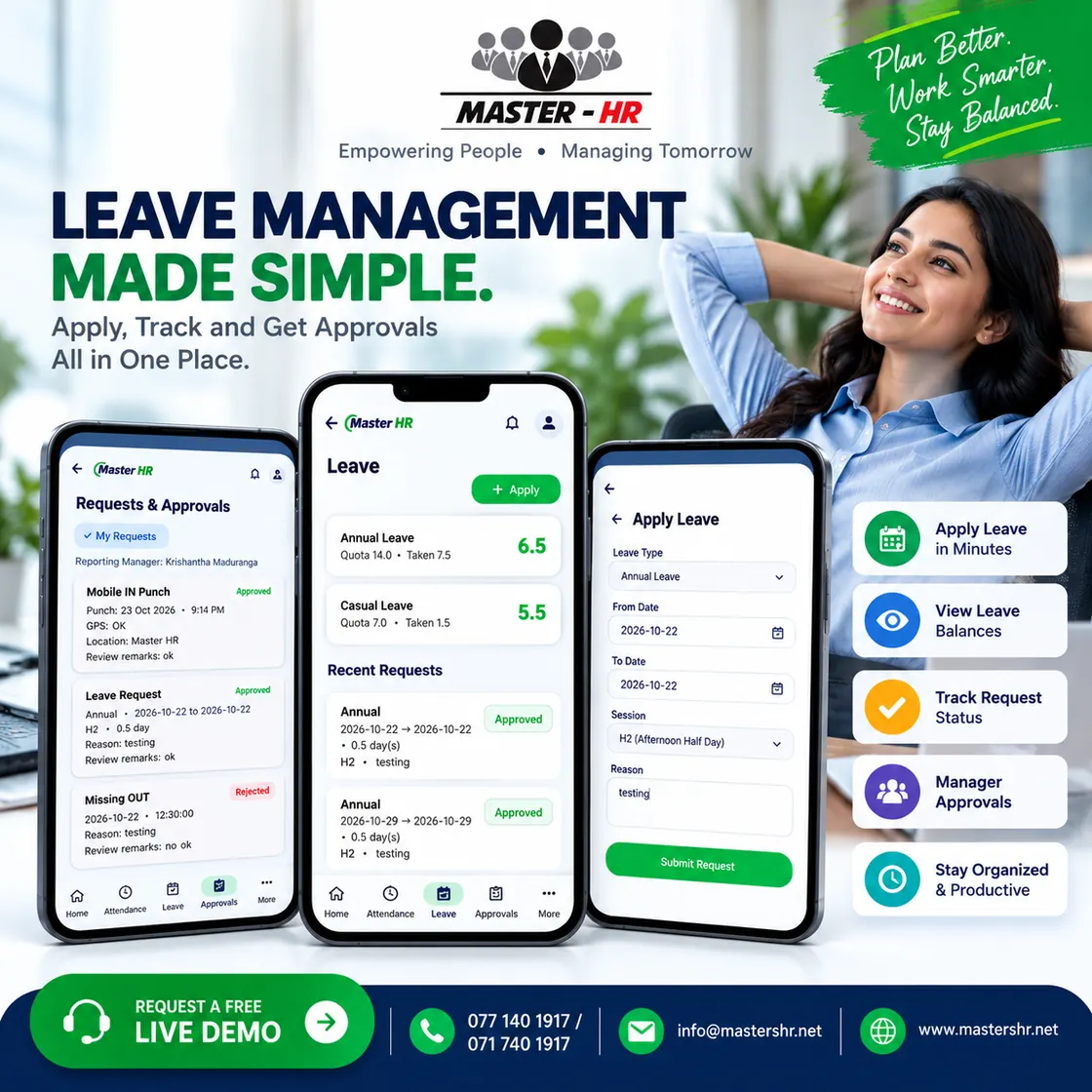 Master HR mobile leave application and manager approval promotional screens