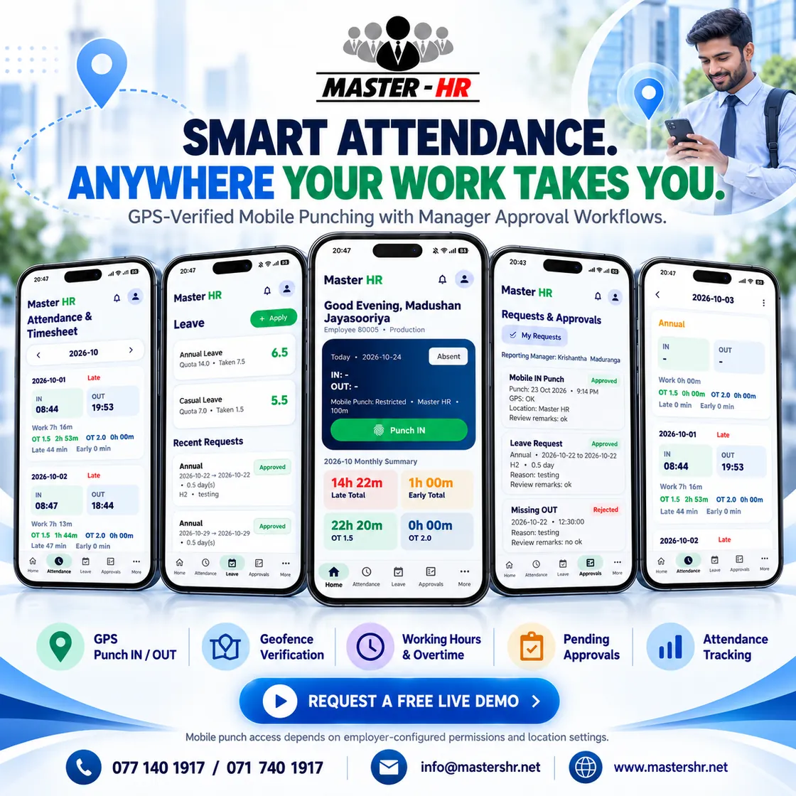 GPS attendance & geofencing – promotional Master HR mobile app creative